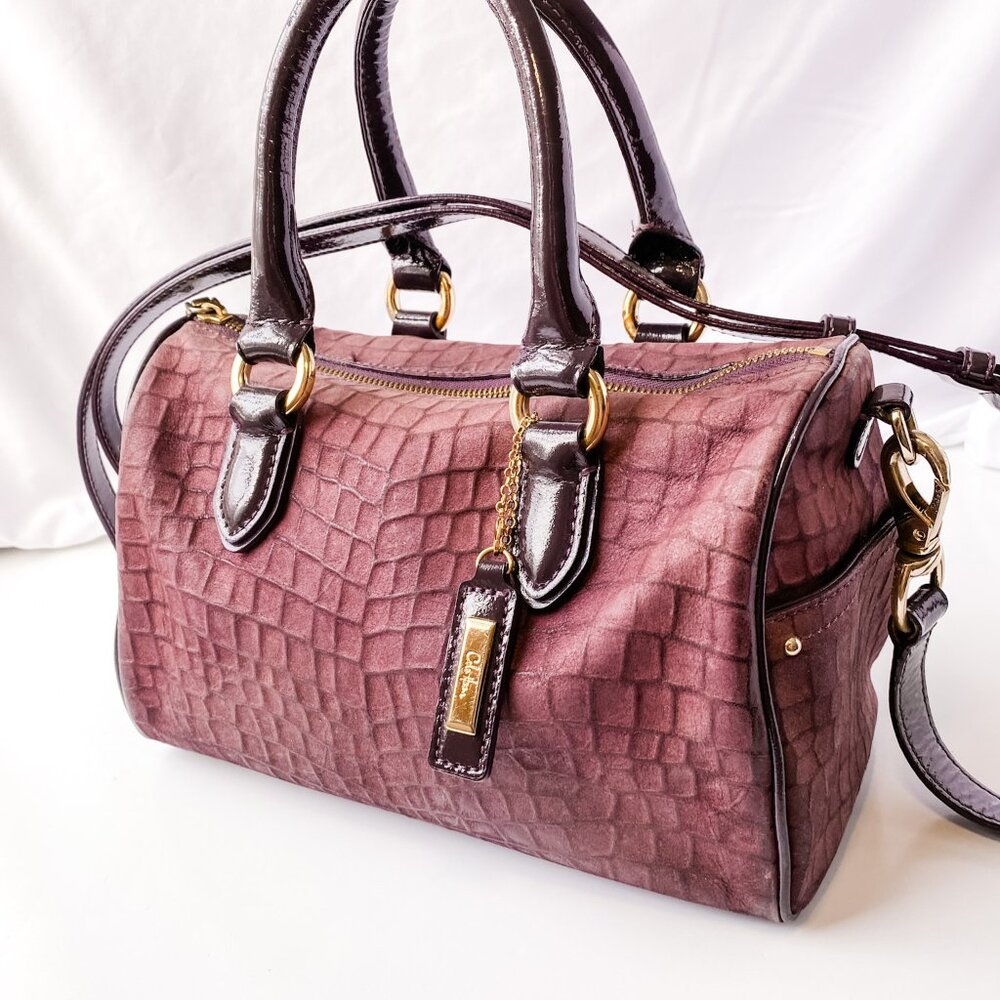 Cole Haan, Barrel Style Handbag, Purple Embossed Suede, Leather Strap/Handles